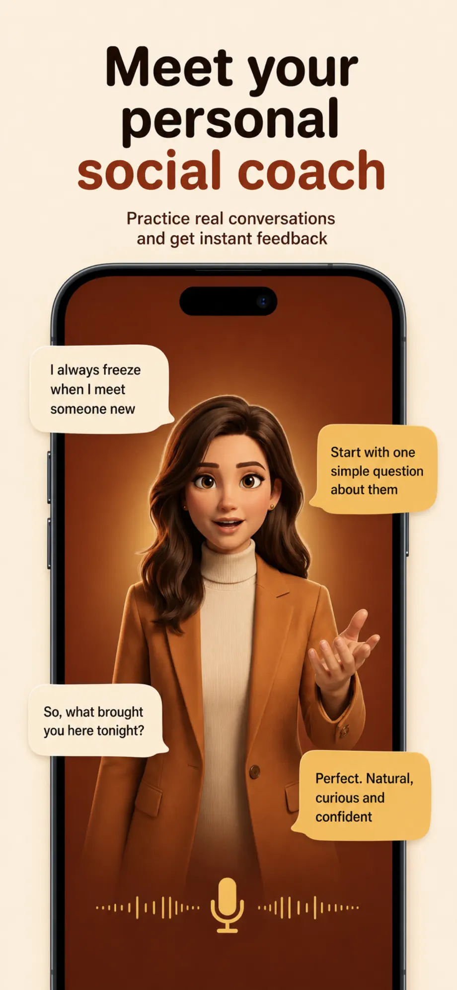Kari App Store screenshot: “Meet your personal social coach”, a live voice conversation with Kari and her instant feedback.