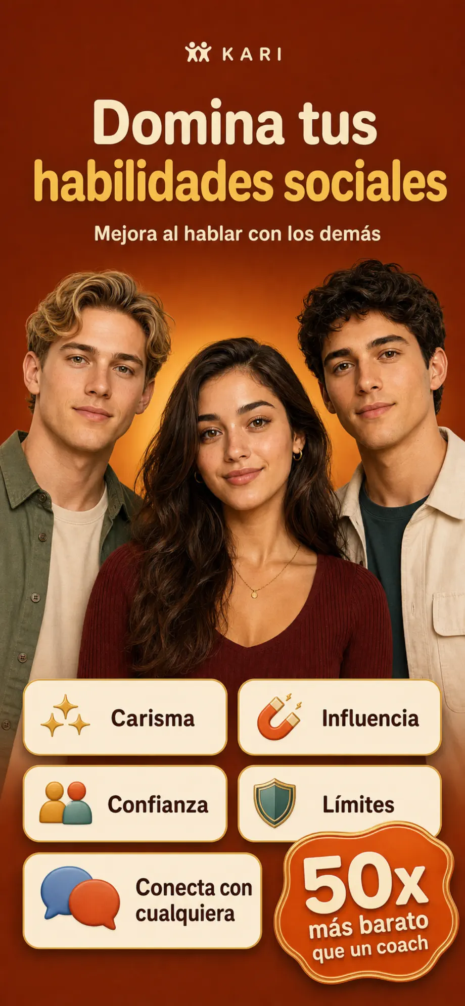 Captura de Kari en la App Store: «Domina tus habilidades sociales», con las áreas Carisma, Influencia, Confianza, Límites y Conecta con cualquiera.