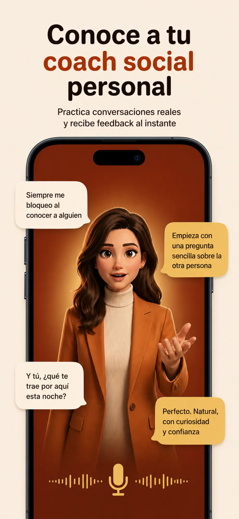 Captura de Kari: «Conoce a tu coach social personal», practica conversaciones reales y recibe feedback al instante.