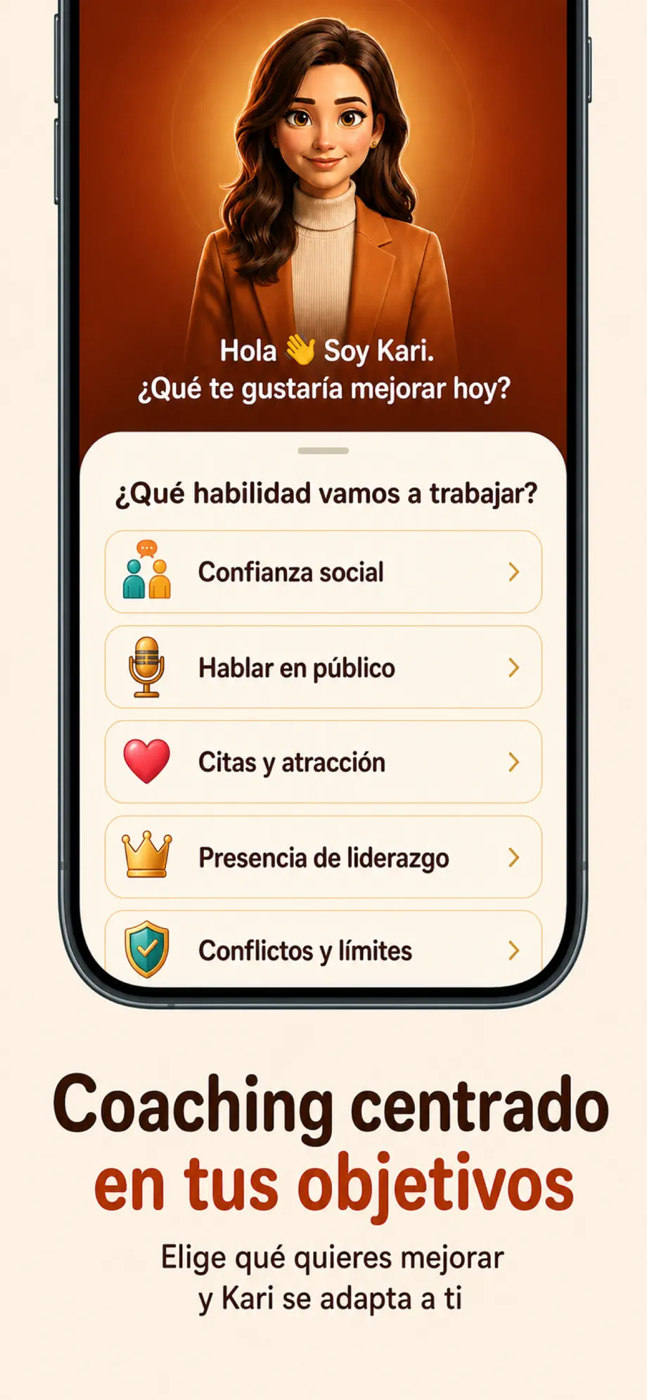 Captura de Kari: «Hola, soy Kari, ¿qué te gustaría mejorar hoy?», coaching centrado en tus objetivos.