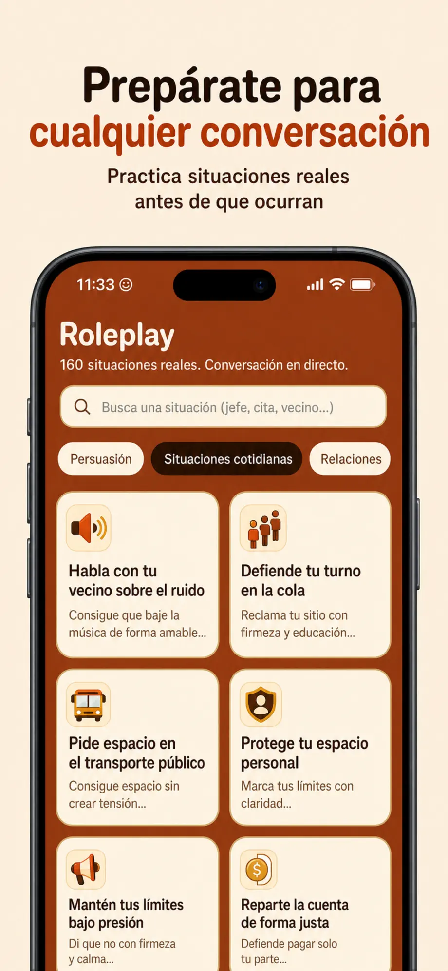 Captura de Kari: pantalla de Roleplay con 160 situaciones reales, como hablar con tu vecino sobre el ruido o defender tu turno en la cola.