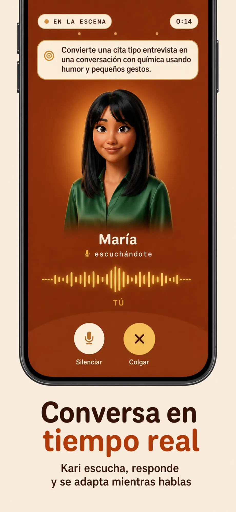 Captura de Kari: conversación en tiempo real con María, un personaje que escucha, responde y se adapta mientras hablas.